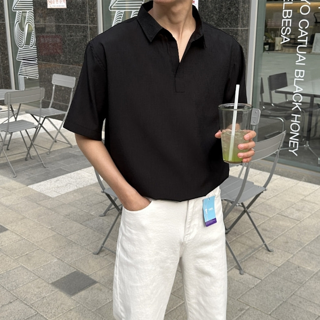 최강 남자 구김없는 린넨 반오픈 반팔 셔츠 티